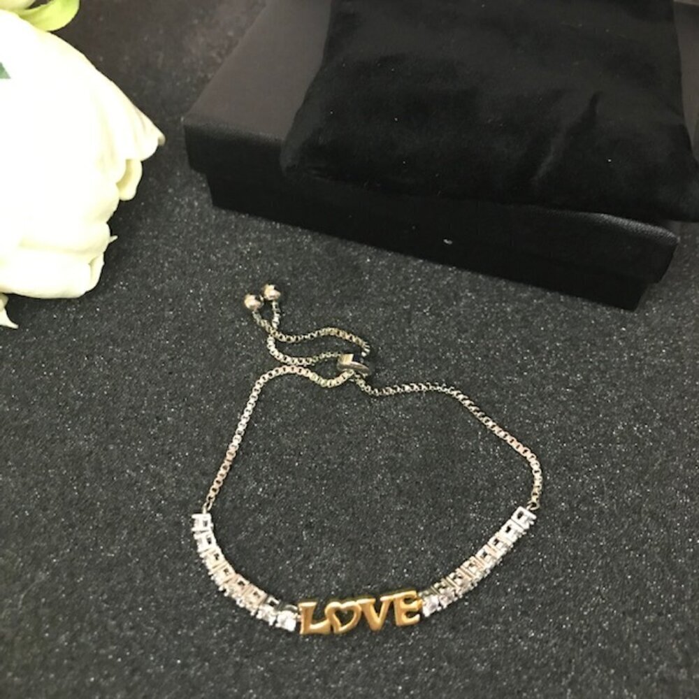 NWT Macy’s Adjustable “LOVE” Bracelet – Gold & Crystal Accent Tennis Style - Picture 5 of 7